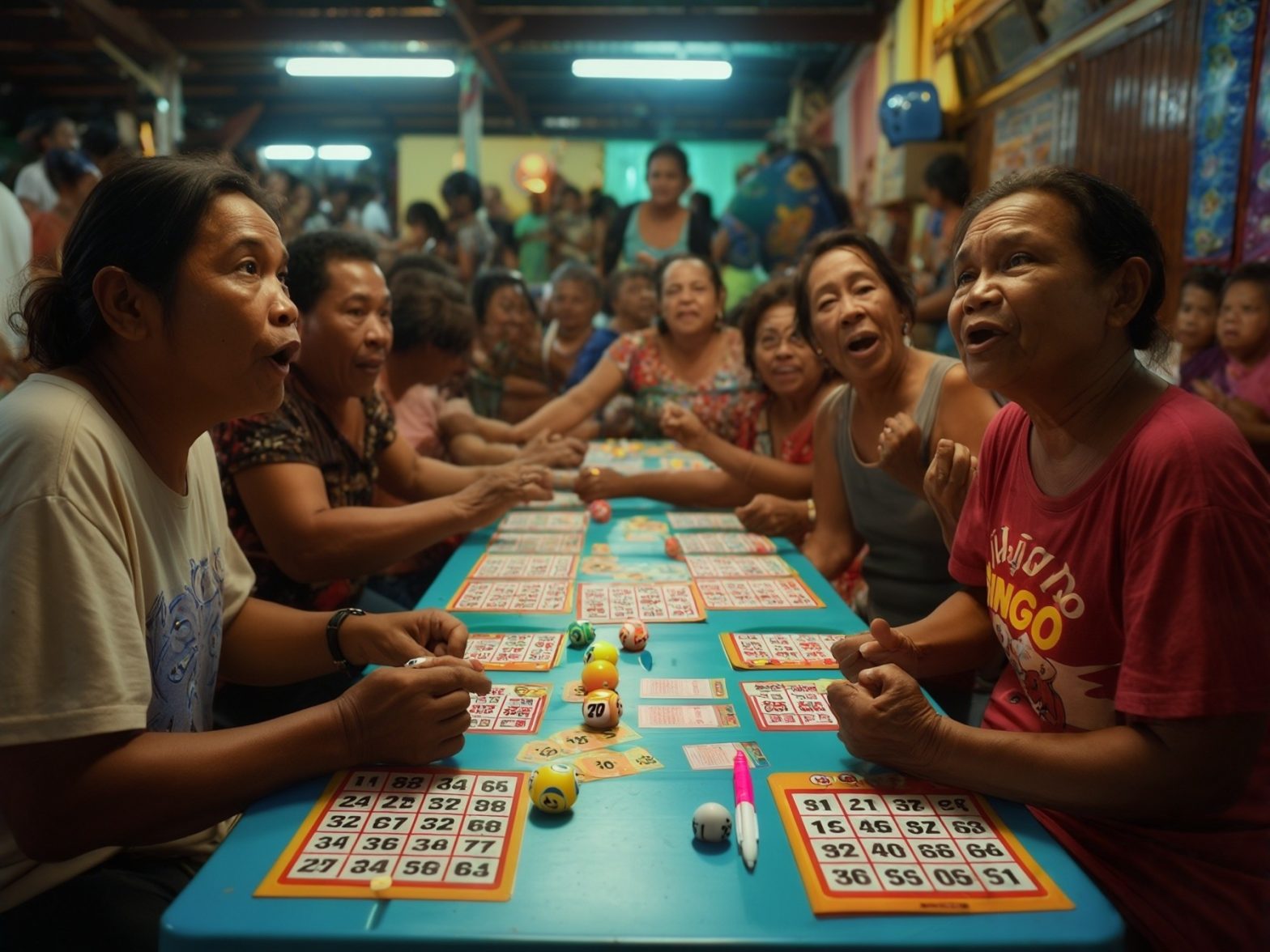 A group of people gathered around a table playing bingo in a lively community setting with bingo cards and numbered balls.