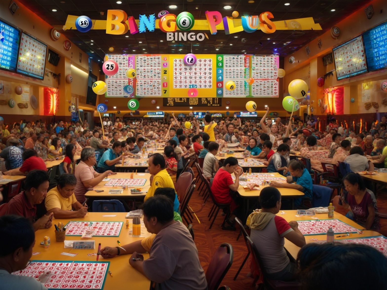 Colorful bingo hall with players focused on their cards, vibrant decorations, and large bingo boards displaying numbers.