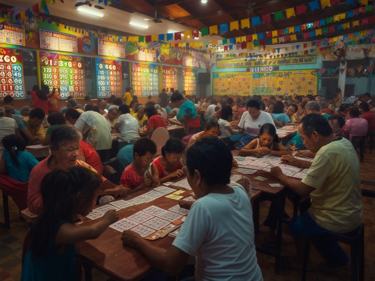 A colorful bingo hall filled with people playing bingo at tables, surrounded by festive decorations and numbered boards.