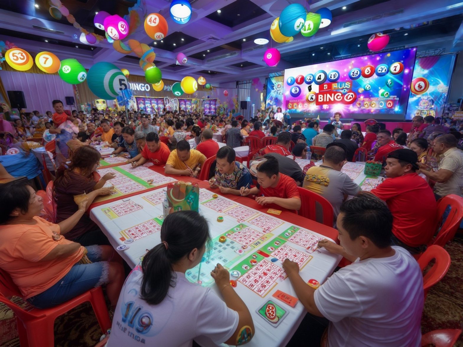 People playing bingo in a vibrant, crowded hall with colorful decorations and a large digital bingo screen.