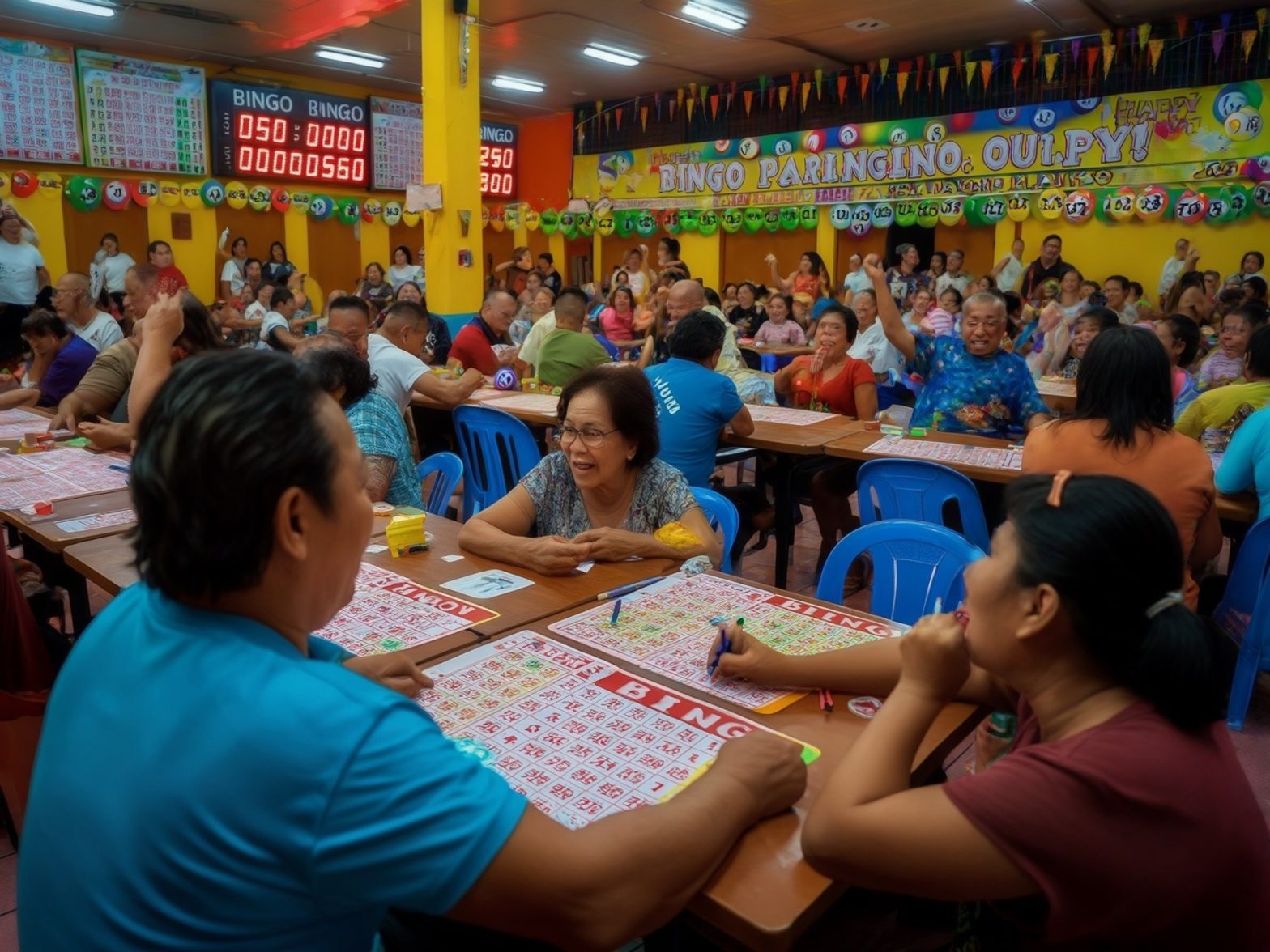 A crowded bingo hall with players engaged in a lively game, colorful bingo cards, and an enthusiastic atmosphere.