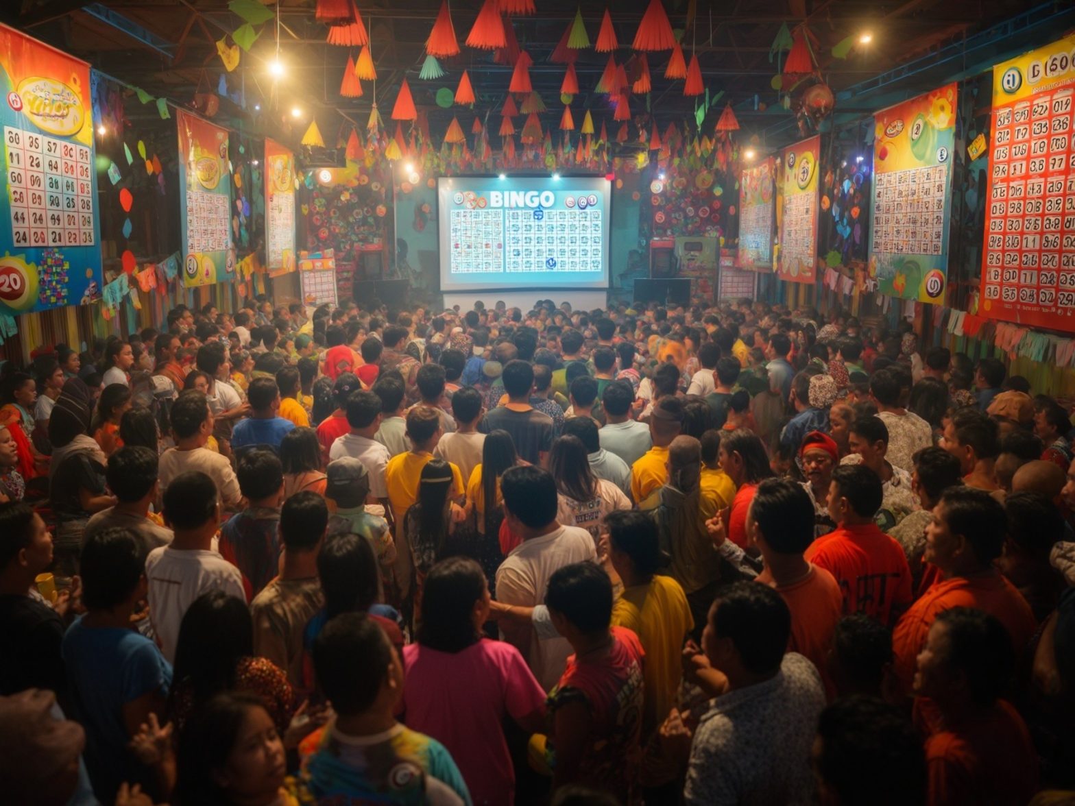 Large crowd gathered in a colorful hall playing bingo, with vibrant decorations and bingo cards displayed on the walls.
