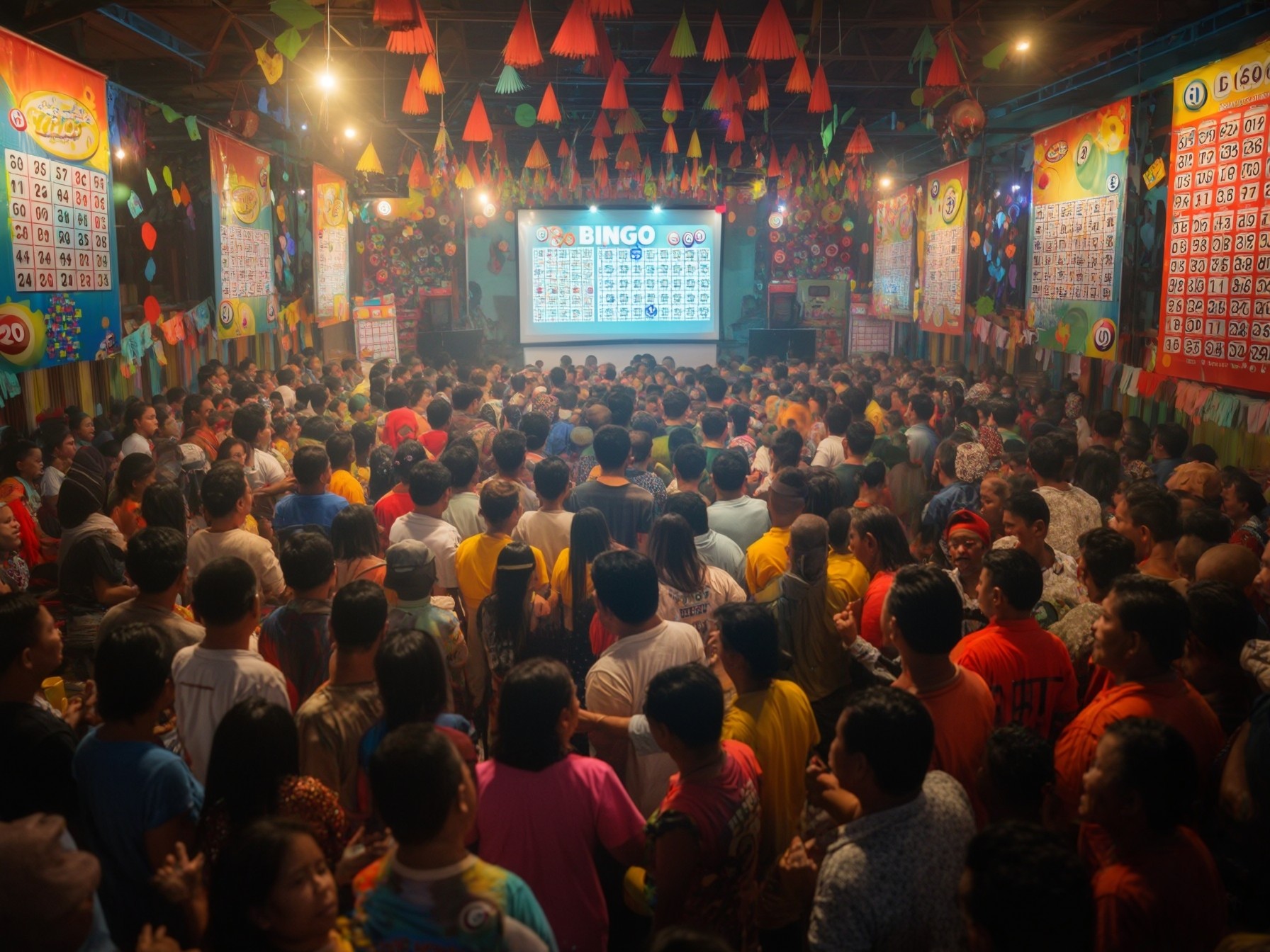 Large crowd gathered in a colorful hall playing bingo, with vibrant decorations and bingo cards displayed on the walls.