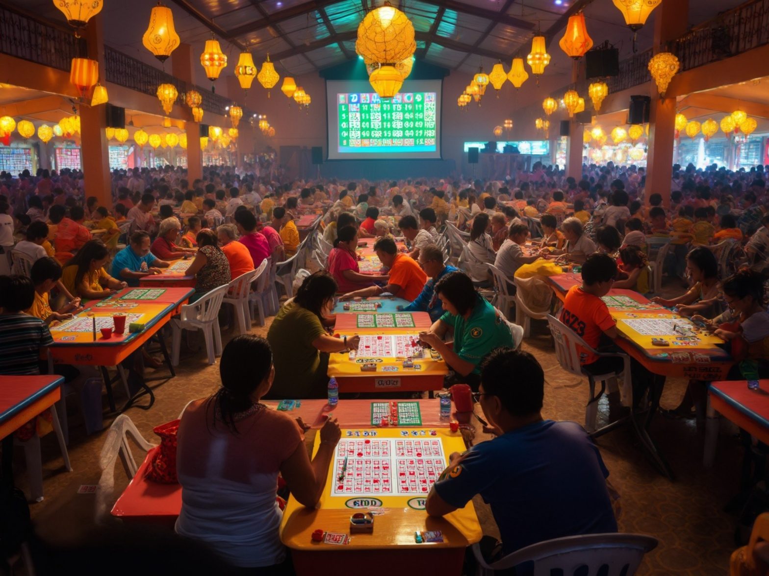 Crowded bingo hall with vibrant lighting and numerous players focused on their game cards at tables.