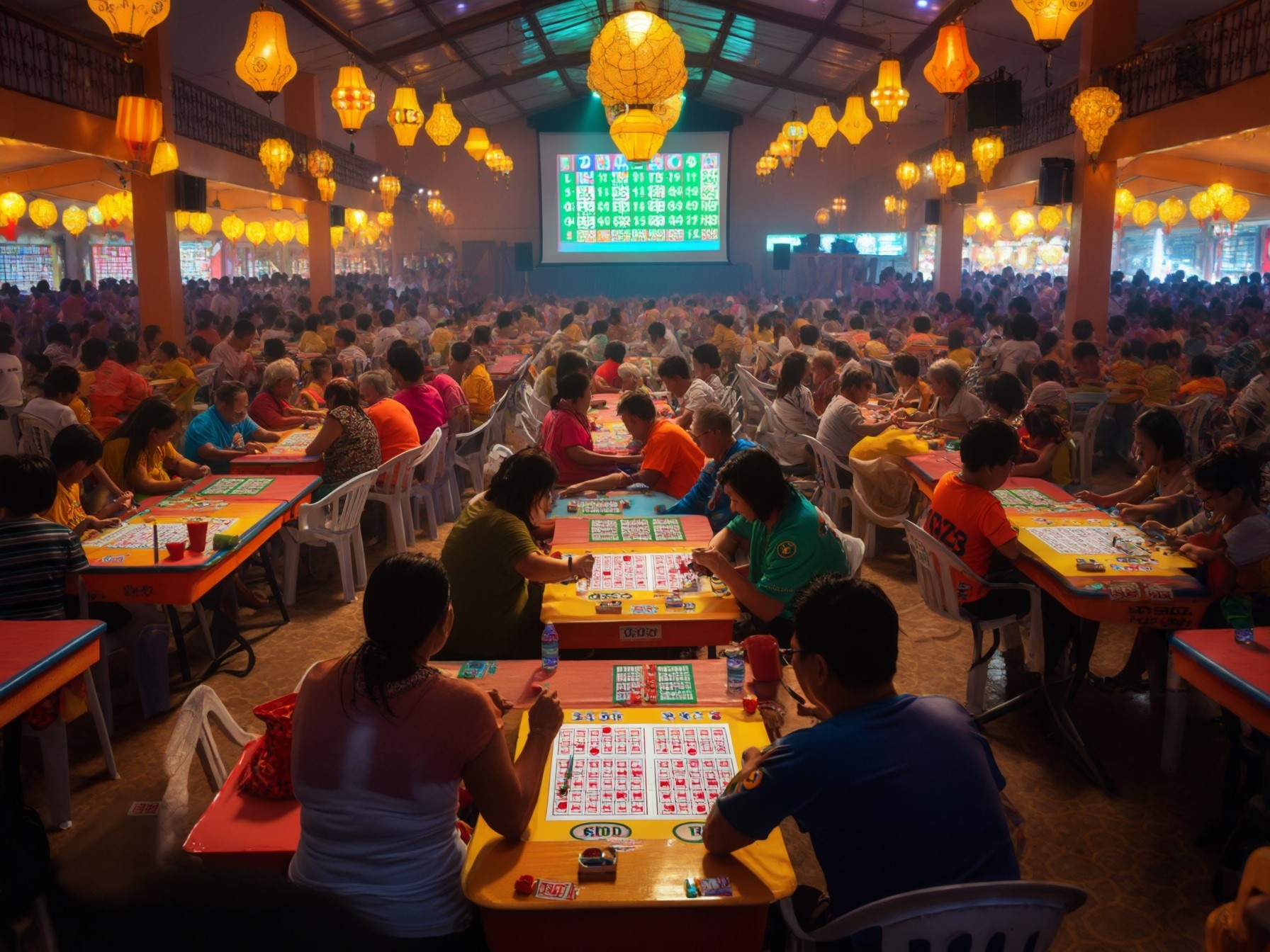 Crowded bingo hall with vibrant lighting and numerous players focused on their game cards at tables.
