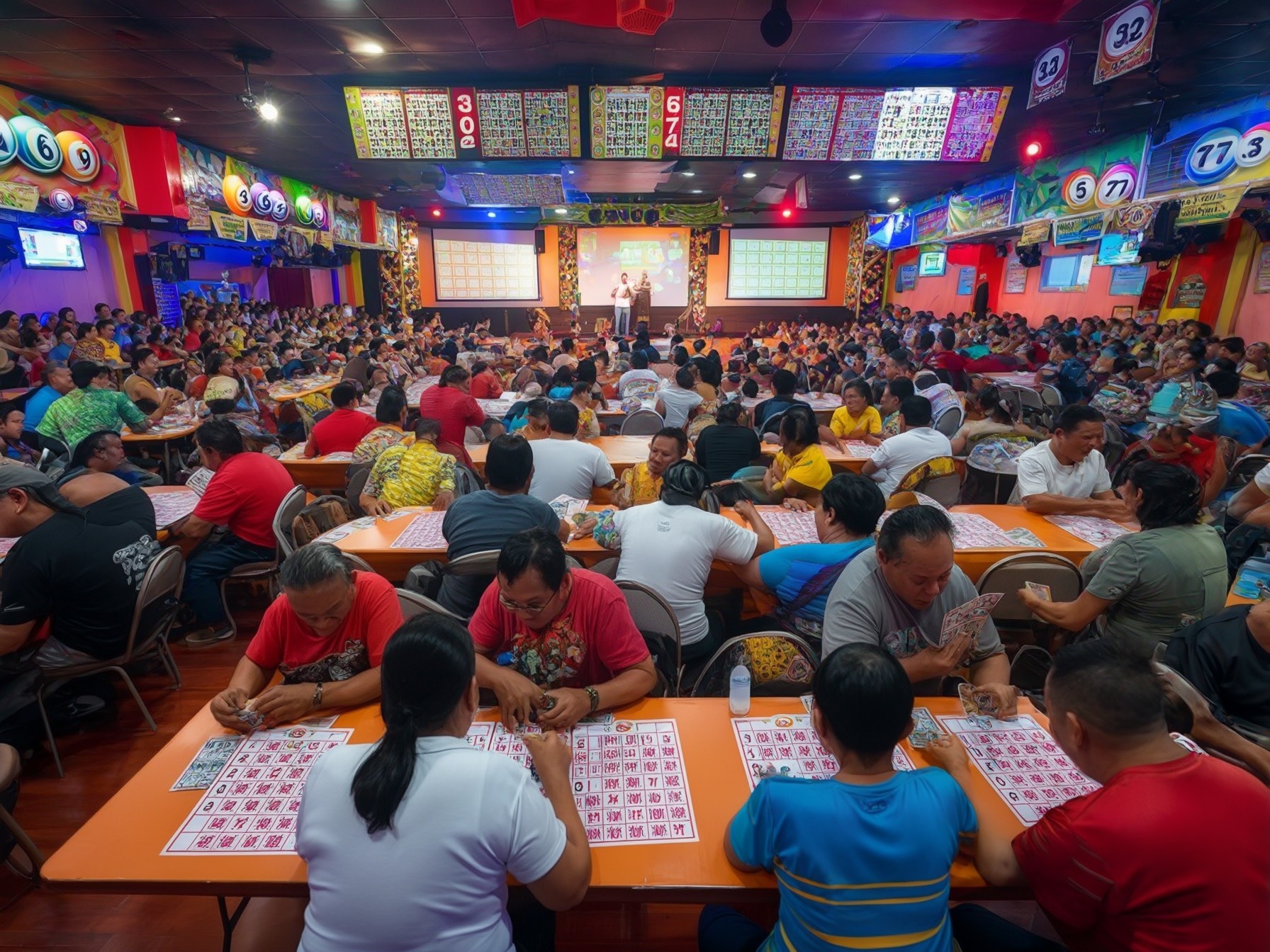 Large bingo hall filled with people playing bingo, colorful banners, and bingo boards displayed on stage and walls.