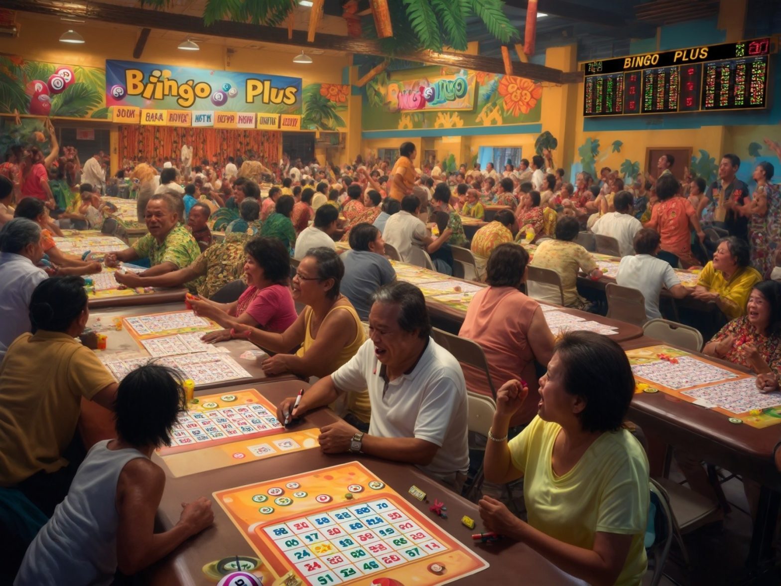 A lively bingo hall filled with people enjoying games, colorful decorations, and digital scoreboards creating a vibrant atmosphere.