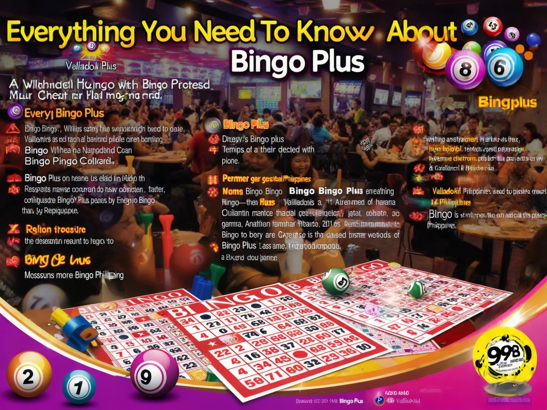 Bingo Plus brochure showcasing bingo games, informational text, and colorful bingo balls in a busy bingo hall setting.