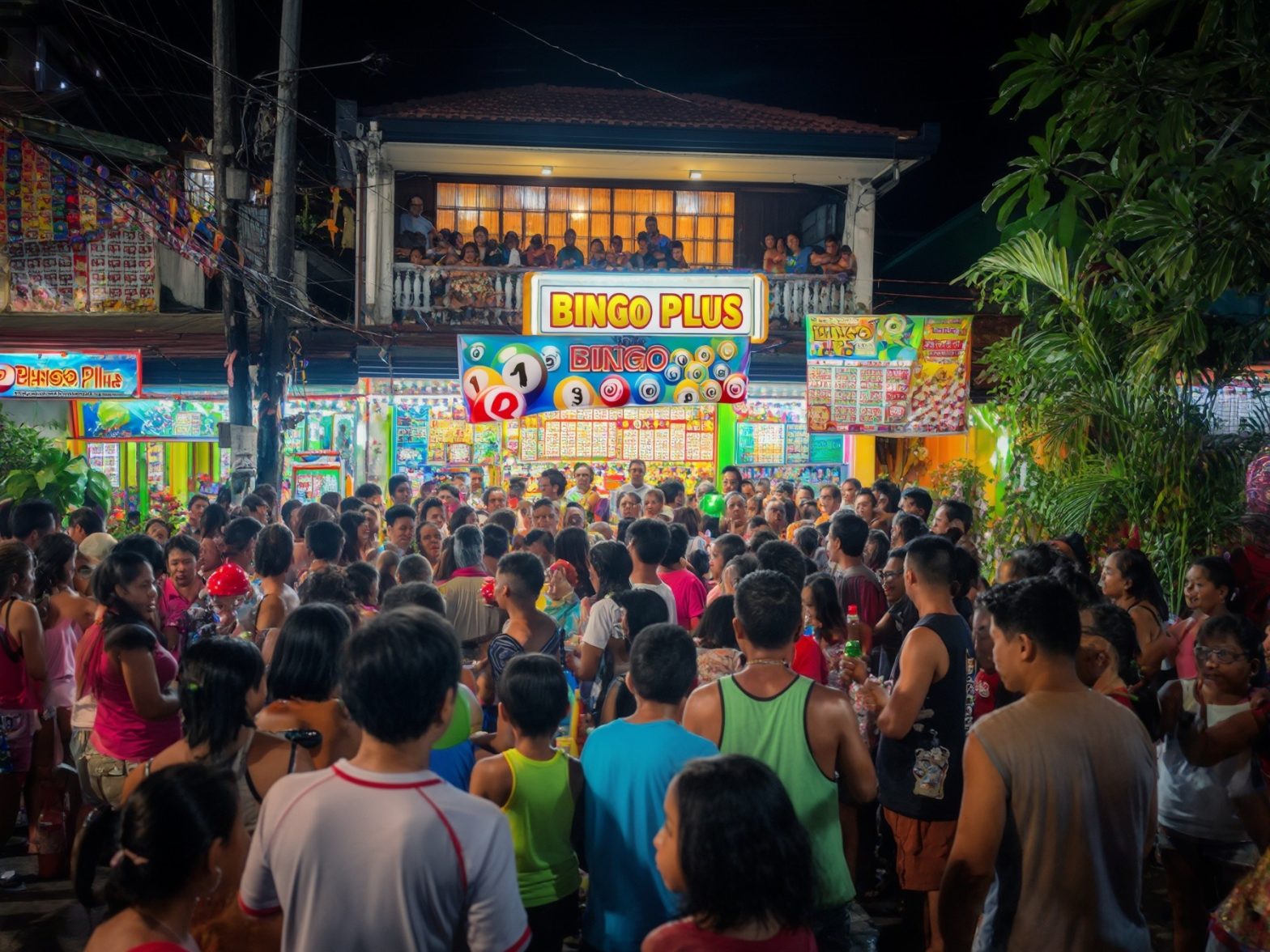 Nighttime street scene with a crowded bingo event, colorful signage, and a gathering of people engaging in a lively local festivity.