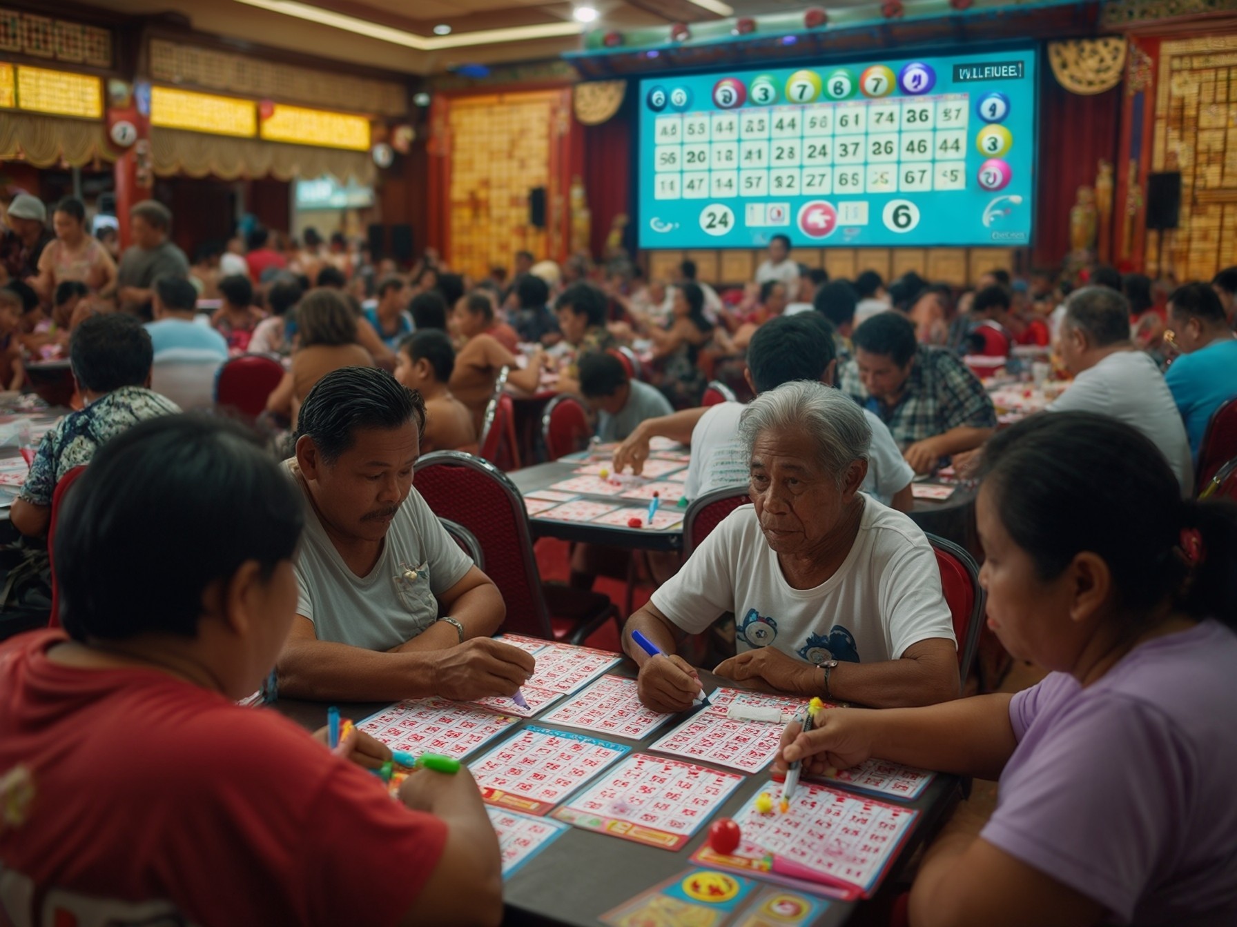 Bingo hall filled with people playing bingo, large screen displaying numbers, vibrant and lively atmosphere.