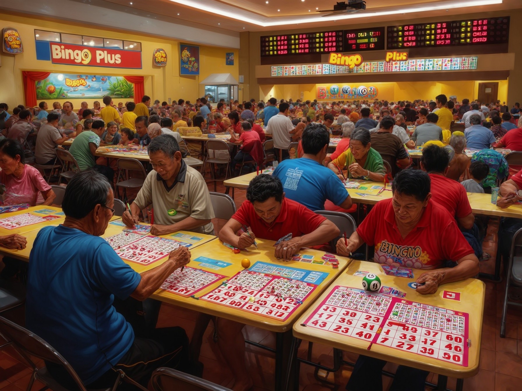 A crowded bingo hall with players focused on their cards at brightly lit tables, surrounded by vibrant decor and number boards.