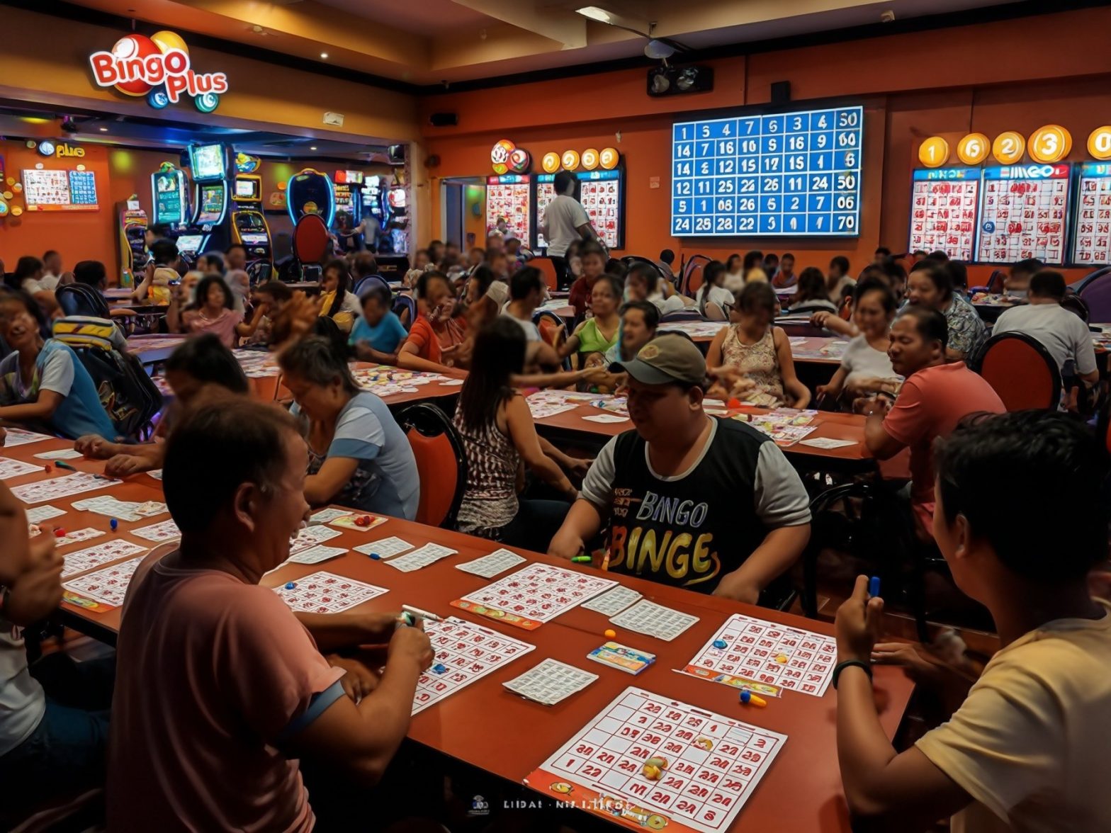 People playing bingo in a lively gaming hall with colorful bingo cards and screens displaying numbers.