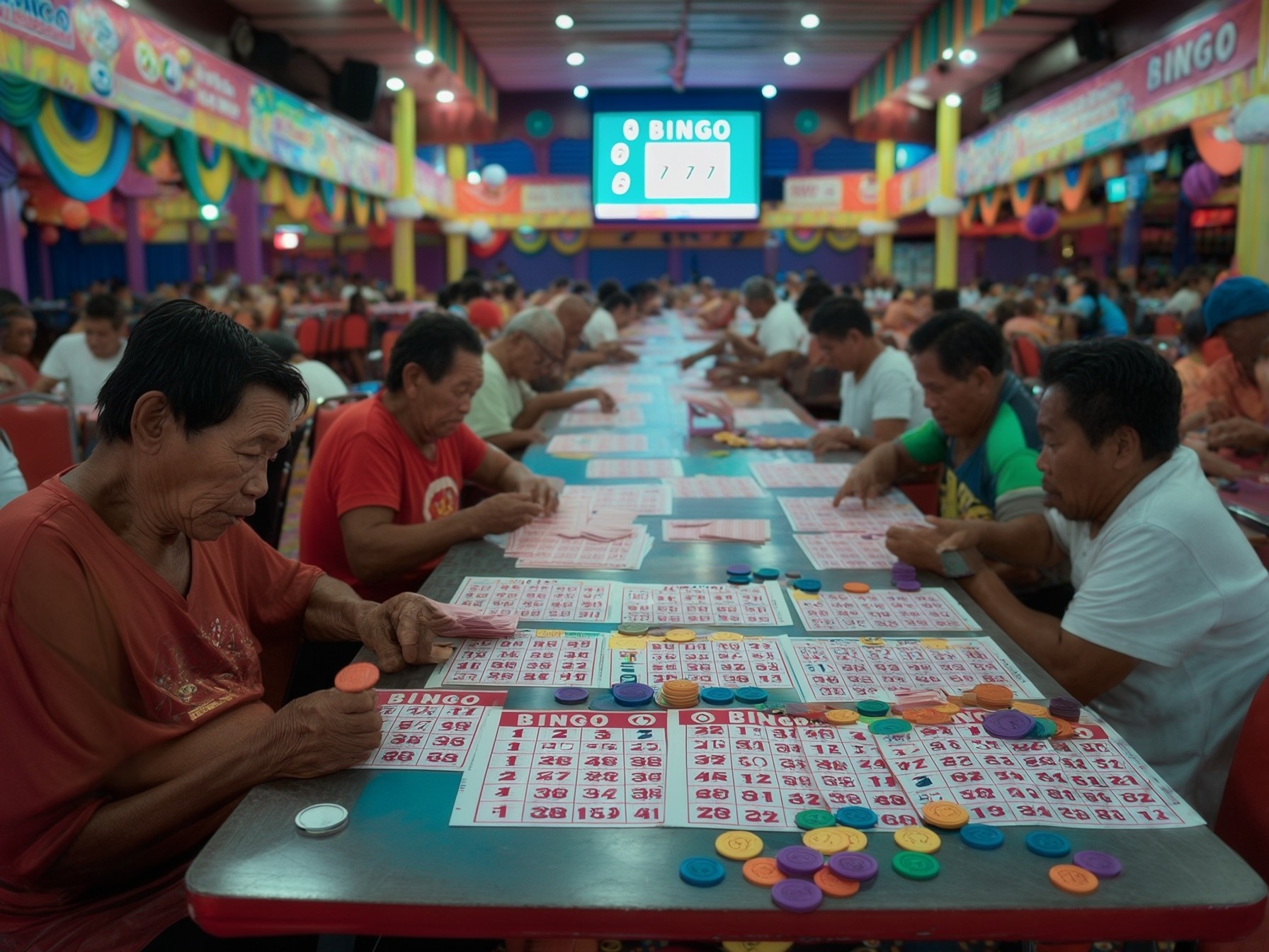 People playing bingo in a crowded hall with colorful cards and chips, under vibrant decorations and a digital board.