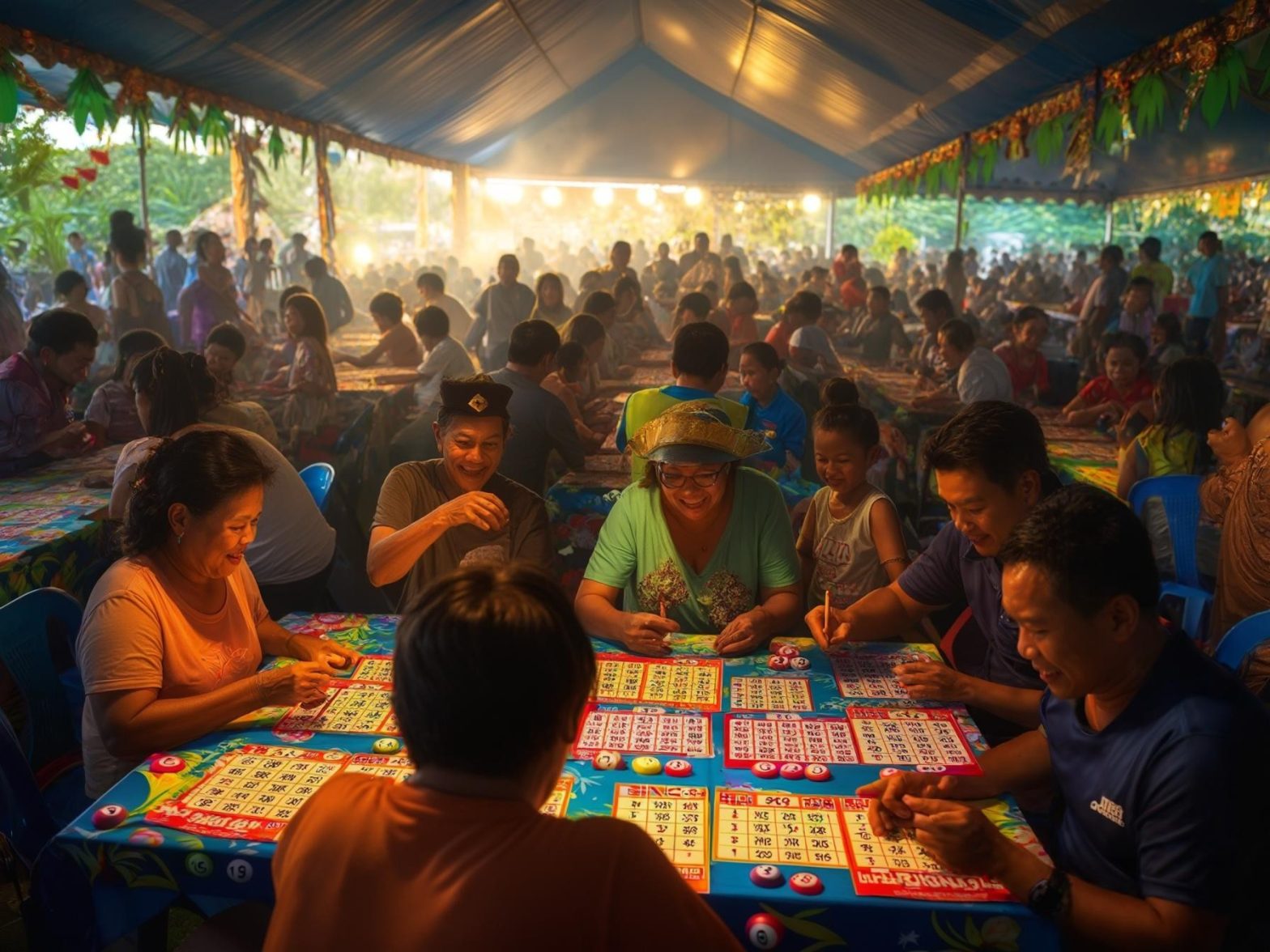 People gathered under a festive tent playing a lively game of bingo during a colorful outdoor community event.