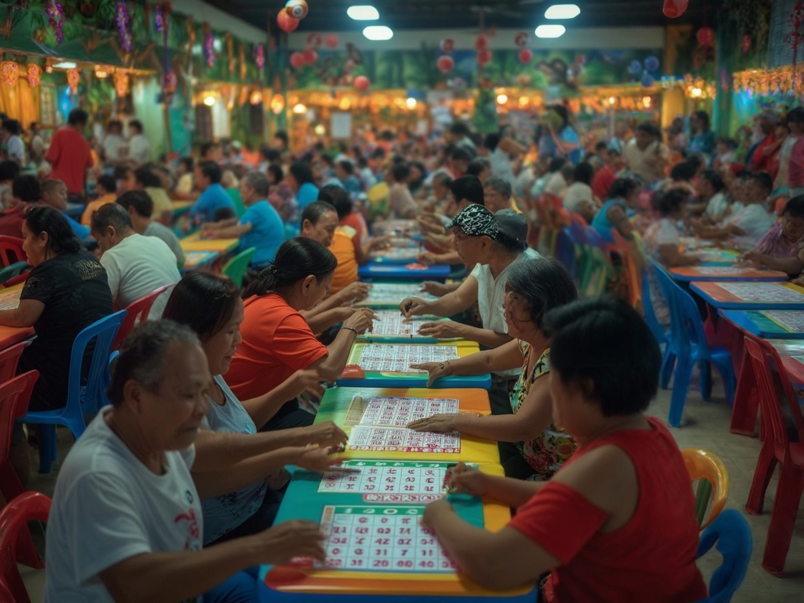 Colorful bingo hall with a large crowd of people playing bingo at tables, festive decorations hanging from the ceiling.