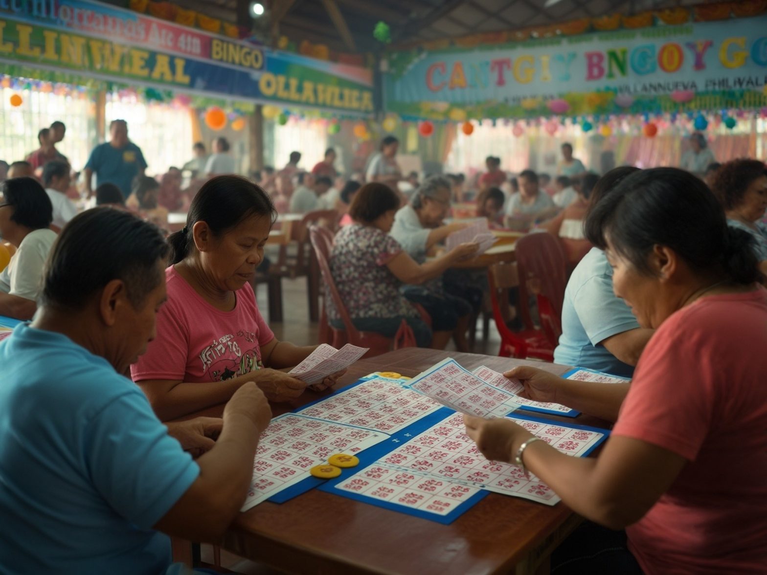 People playing bingo together indoors at a community event, with colorful decorations and banners in the background.