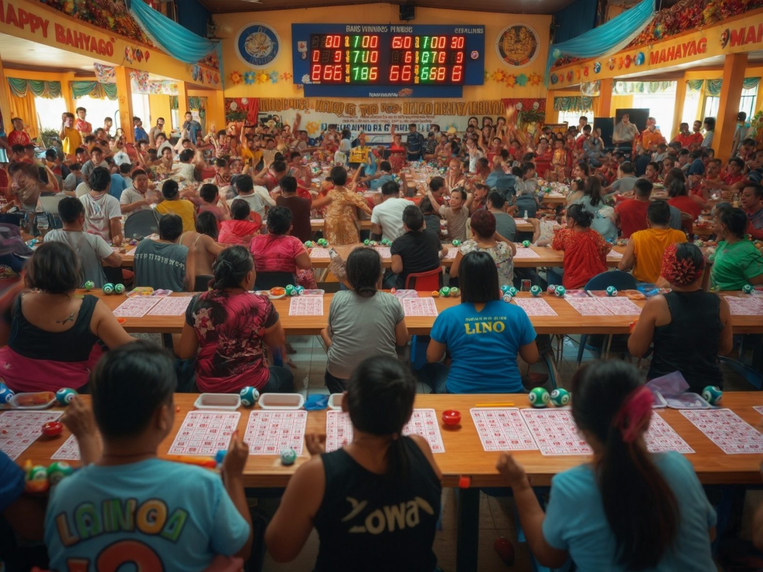 Large indoor bingo event with many participants seated around tables, colorful decorations, and an illuminated scoreboard.