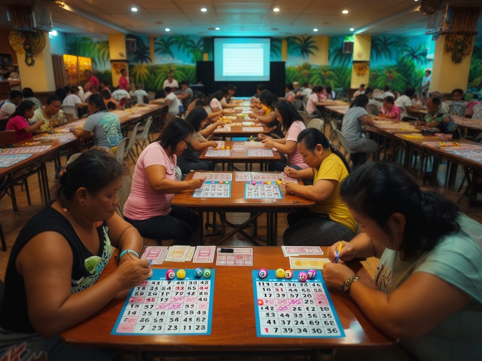 People playing bingo in a lively community hall with tropical-themed walls and large screen display.