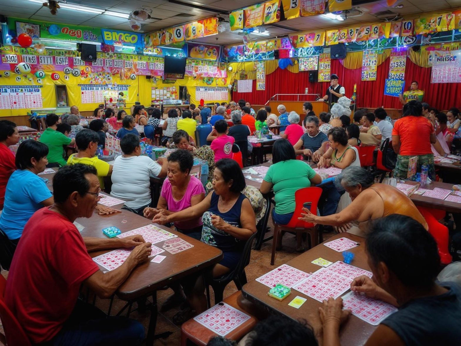 Large group of people playing bingo in a colorful, crowded hall with bingo cards and banners.
