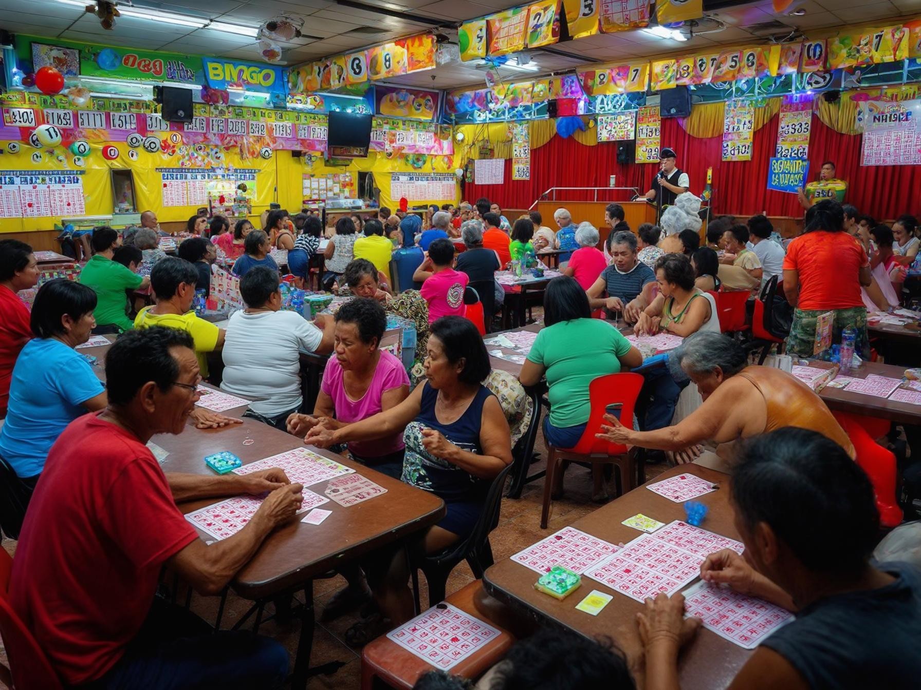Large group of people playing bingo in a colorful, crowded hall with bingo cards and banners.