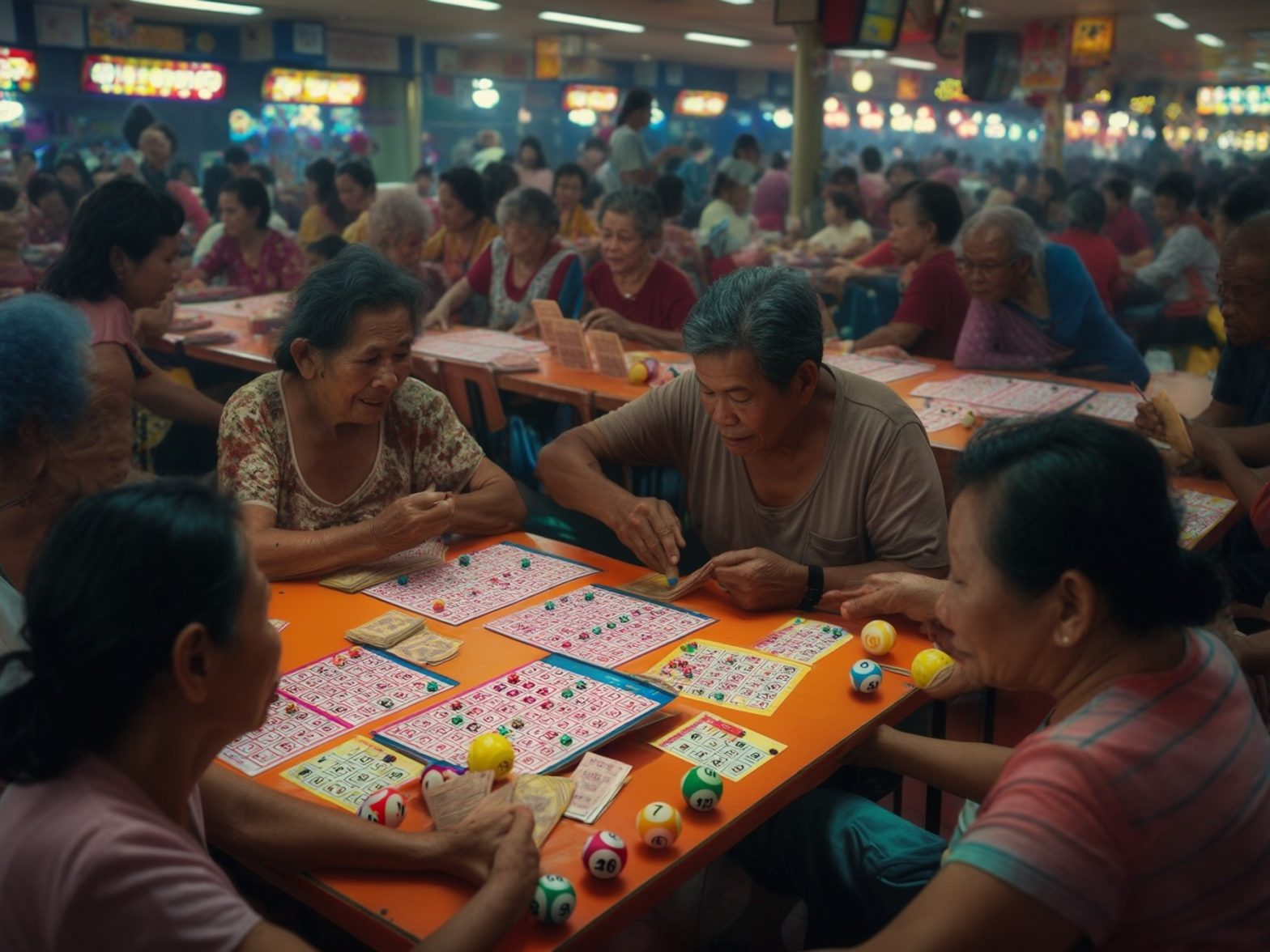 Crowded bingo hall with players engaging in a bingo game, colorful bingo cards and numbered balls on an orange table.