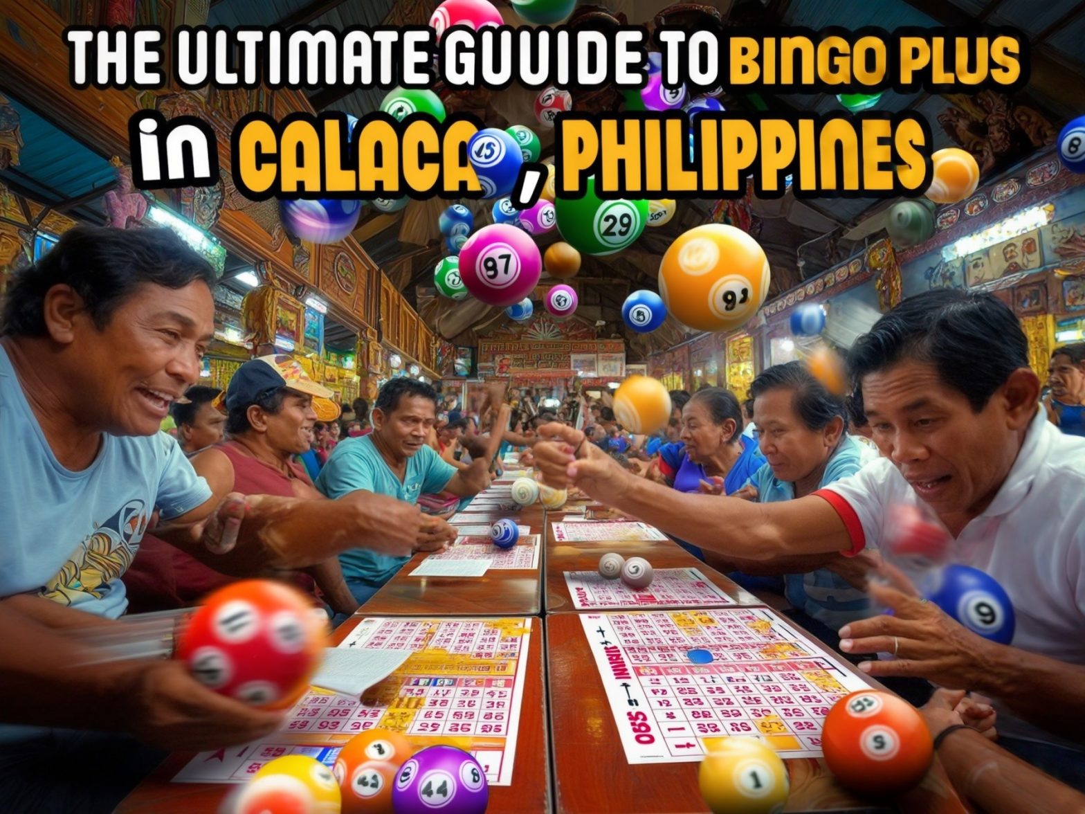 Bingo enthusiasts enjoying a game at a lively Bingo Plus event in Calaca, Philippines, surrounded by colorful bingo balls.