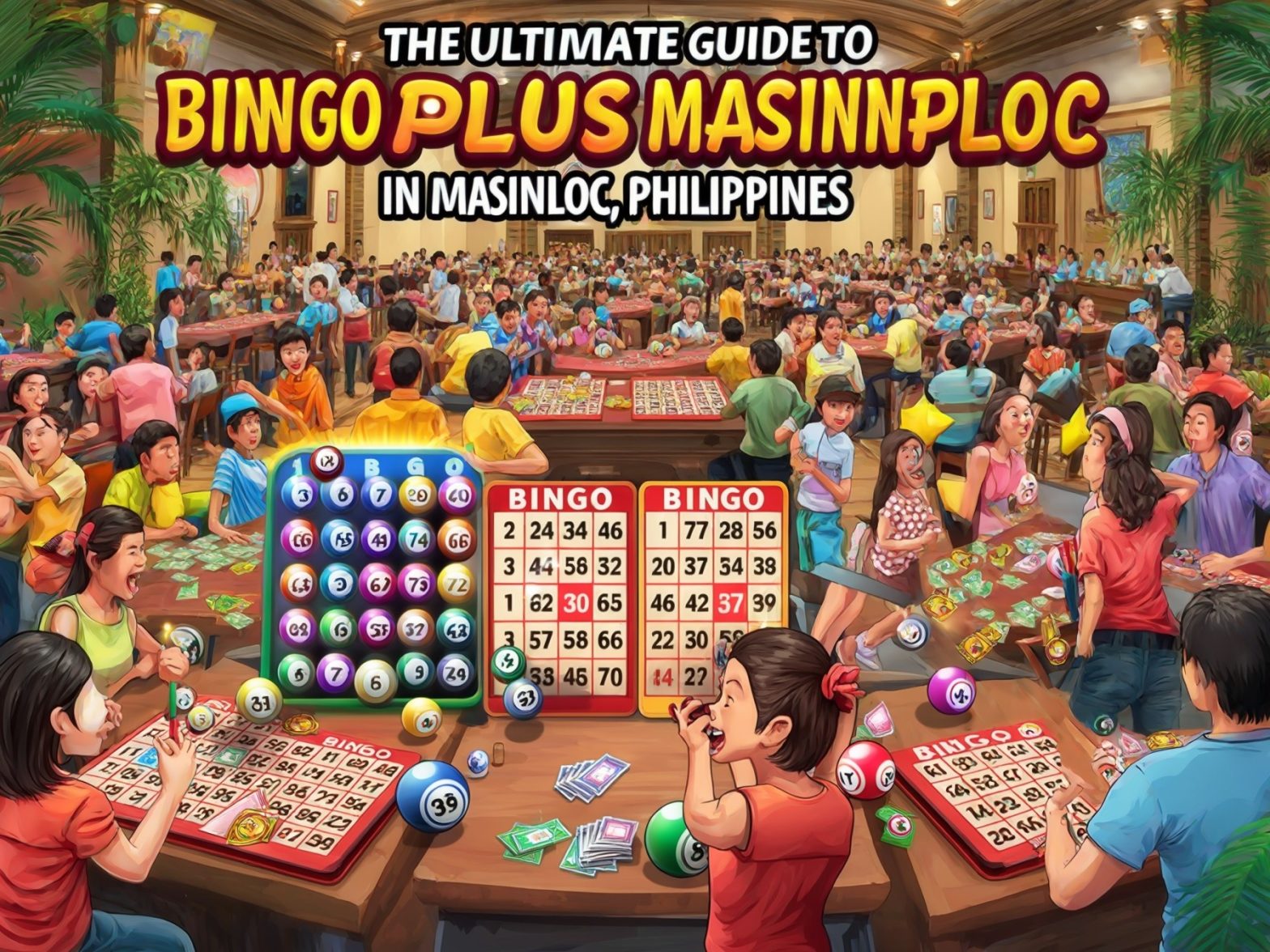 Crowded bingo hall in Masinloc, Philippines, filled with enthusiastic players and colorful bingo cards and balls.