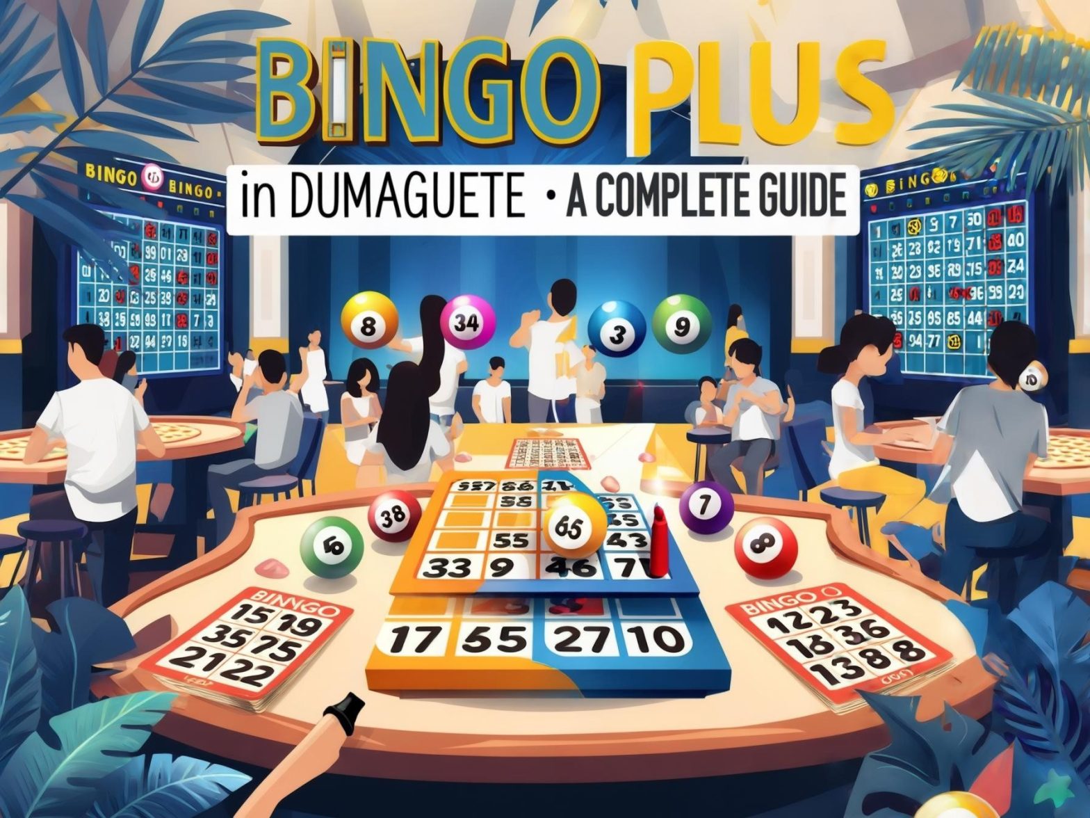 Bingo players in Dumaguete enjoying a vibrant game night with colorful bingo cards and balls in a lively venue.