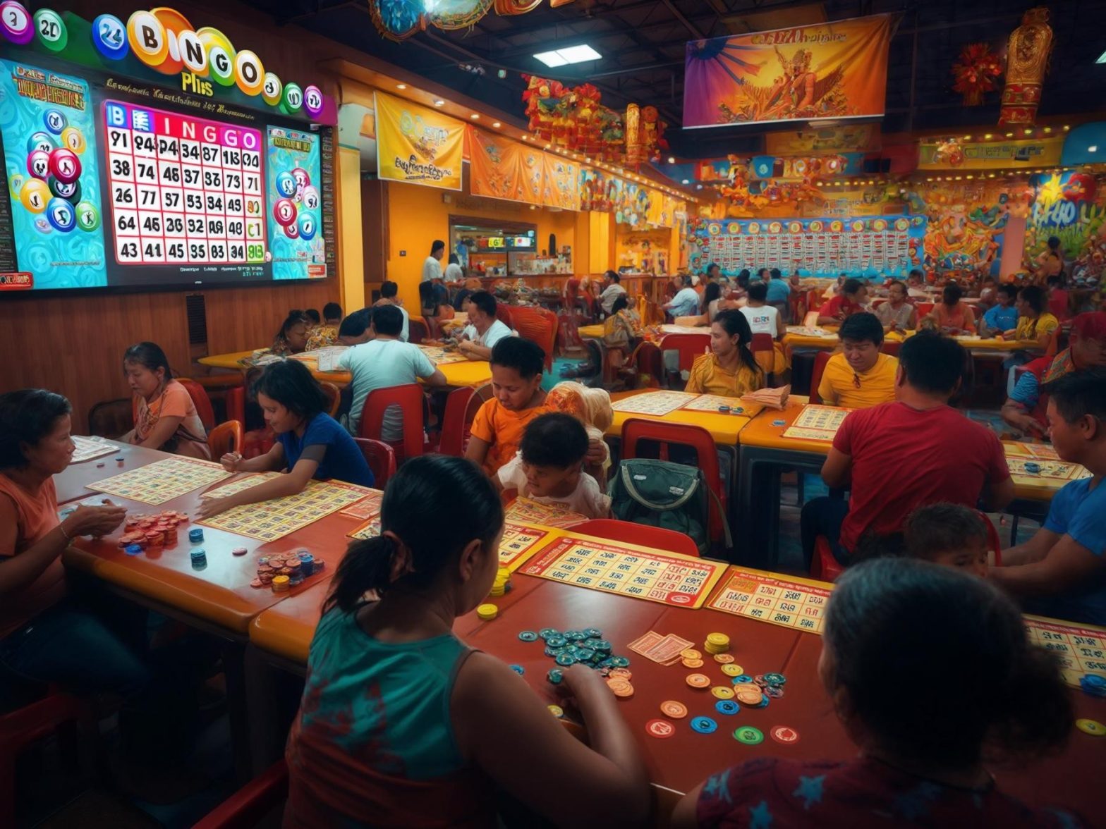 People enjoying a lively bingo game in a colorful indoor setting, showcasing a bingo hall ambiance.
