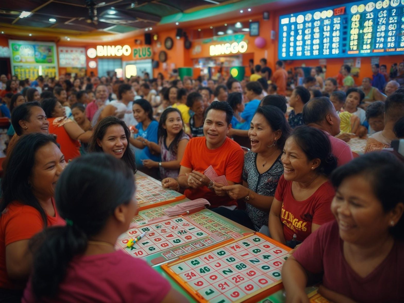 People playing bingo in a lively hall with colorful bingo boards and a digital scoreboard displaying numbers.