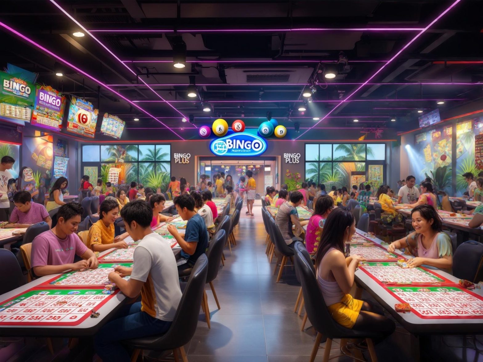 People playing bingo in a brightly lit hall with colorful decor and bingo boards, emphasizing social and gaming fun.
