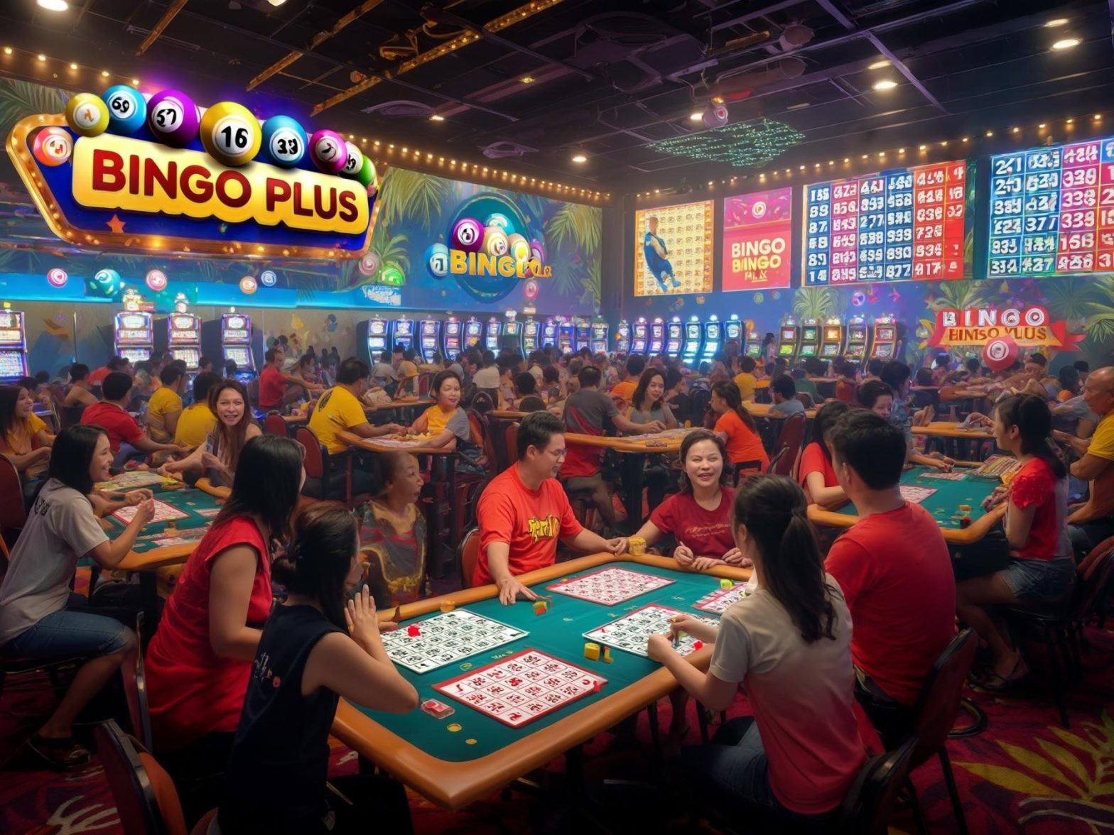 Busy bingo hall with colorful slot machines and vibrant Bingo Plus signs, people playing bingo on multiple tables.