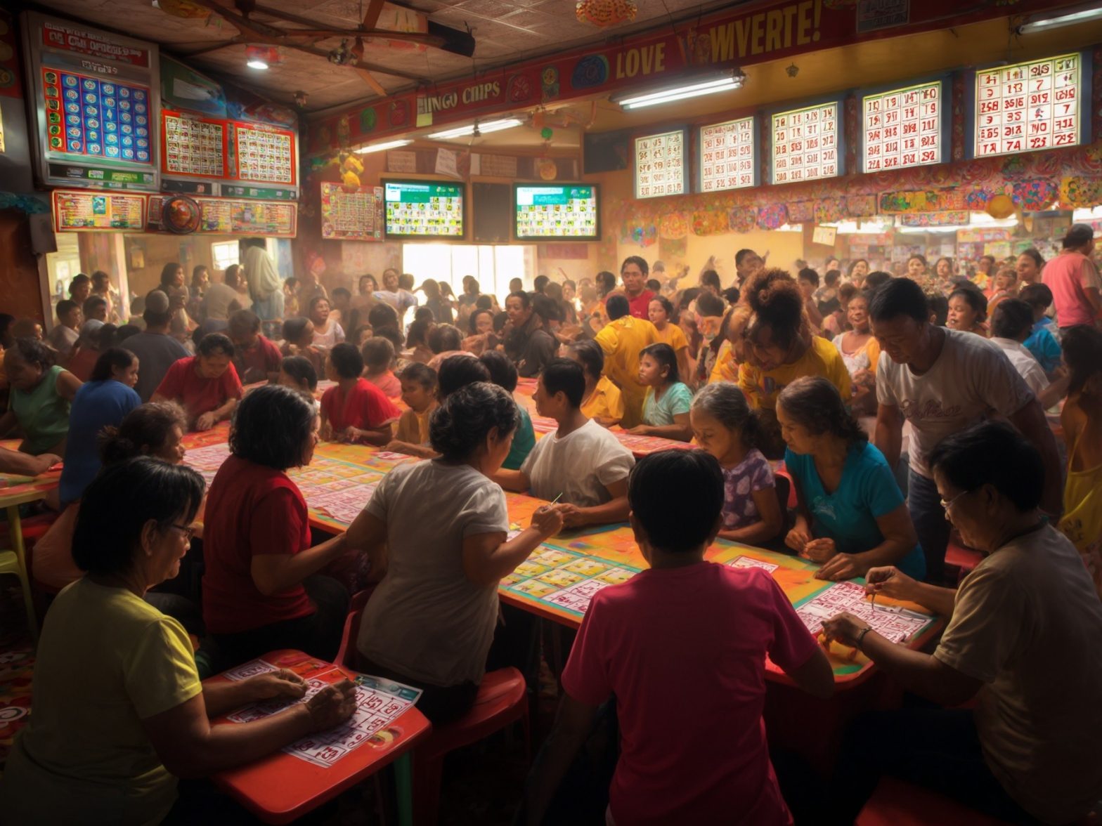 Crowded bingo hall with people engaged in a lively game, colorful bingo boards and screens displaying numbers on the walls.