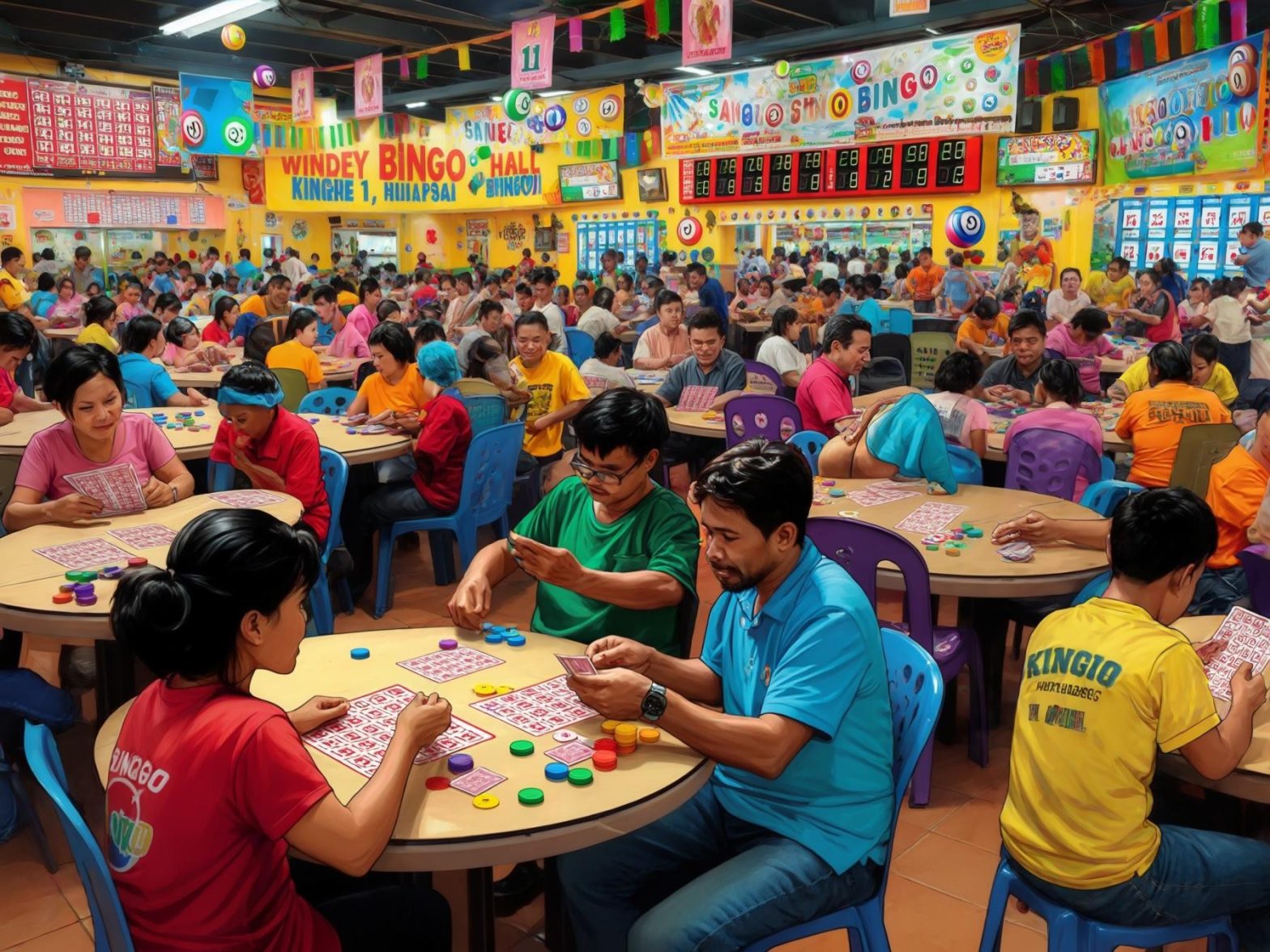 A bustling bingo hall with colorful chairs and decorations, filled with people engaged in playing bingo.