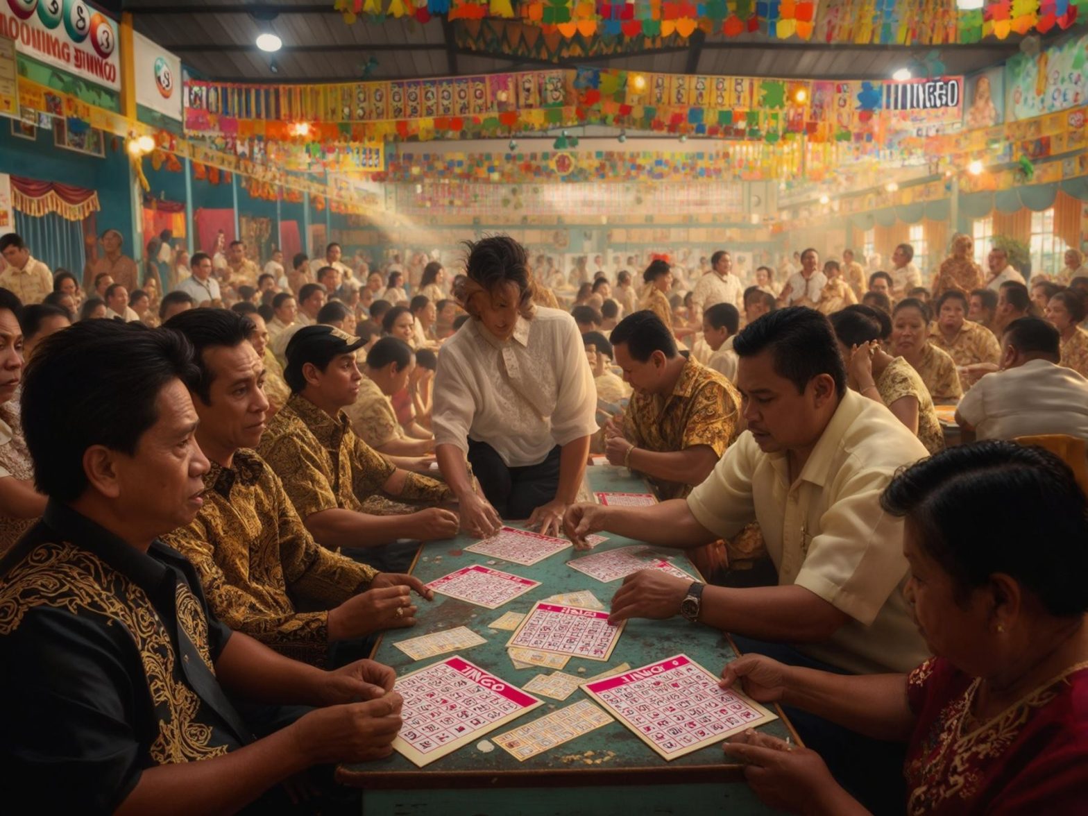 Lively indoor gathering at a colorful party with people playing bingo, surrounded by vibrant decorations and a festive atmosphere.