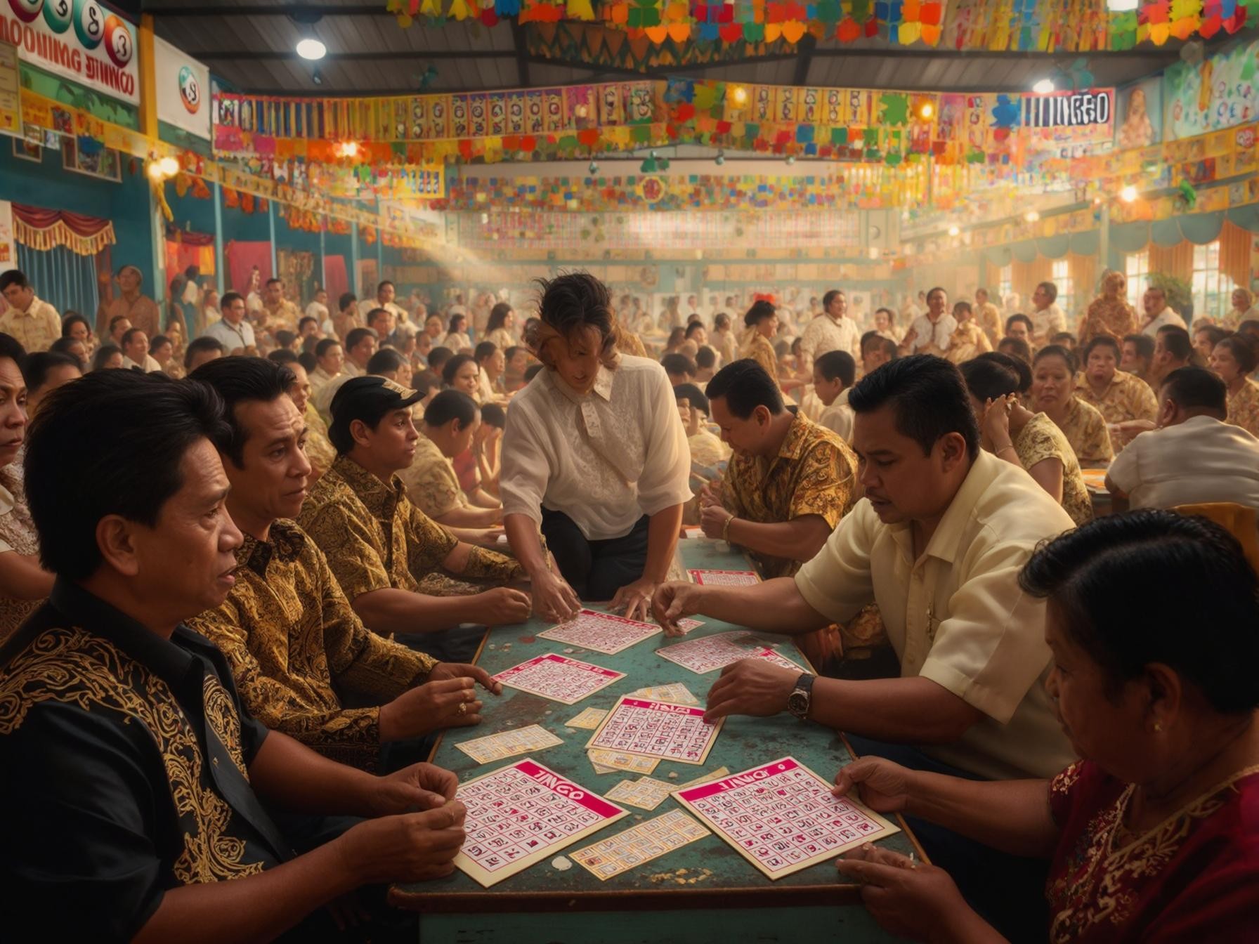 Lively indoor gathering at a colorful party with people playing bingo, surrounded by vibrant decorations and a festive atmosphere.