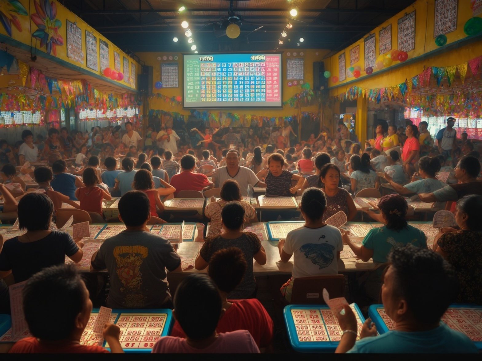 Crowd playing bingo in a decorated hall with colorful banners and a large bingo board display.