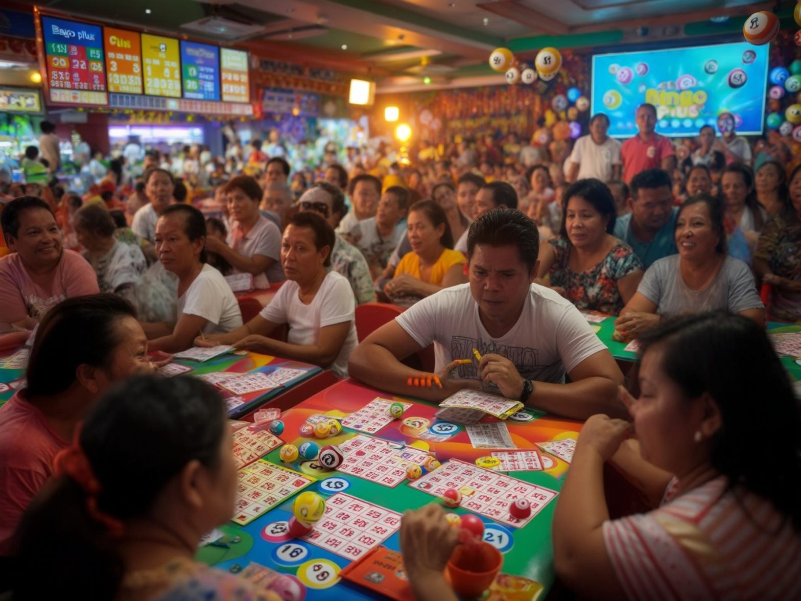 Crowded bingo hall with people engaged in a game, vibrant atmosphere, bingo cards and balls visible on tables.