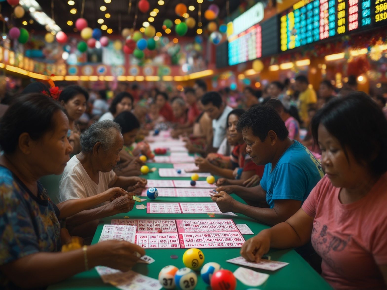 A lively bingo hall scene with players focused on their cards under colorful hanging lights and a digital scoreboard.