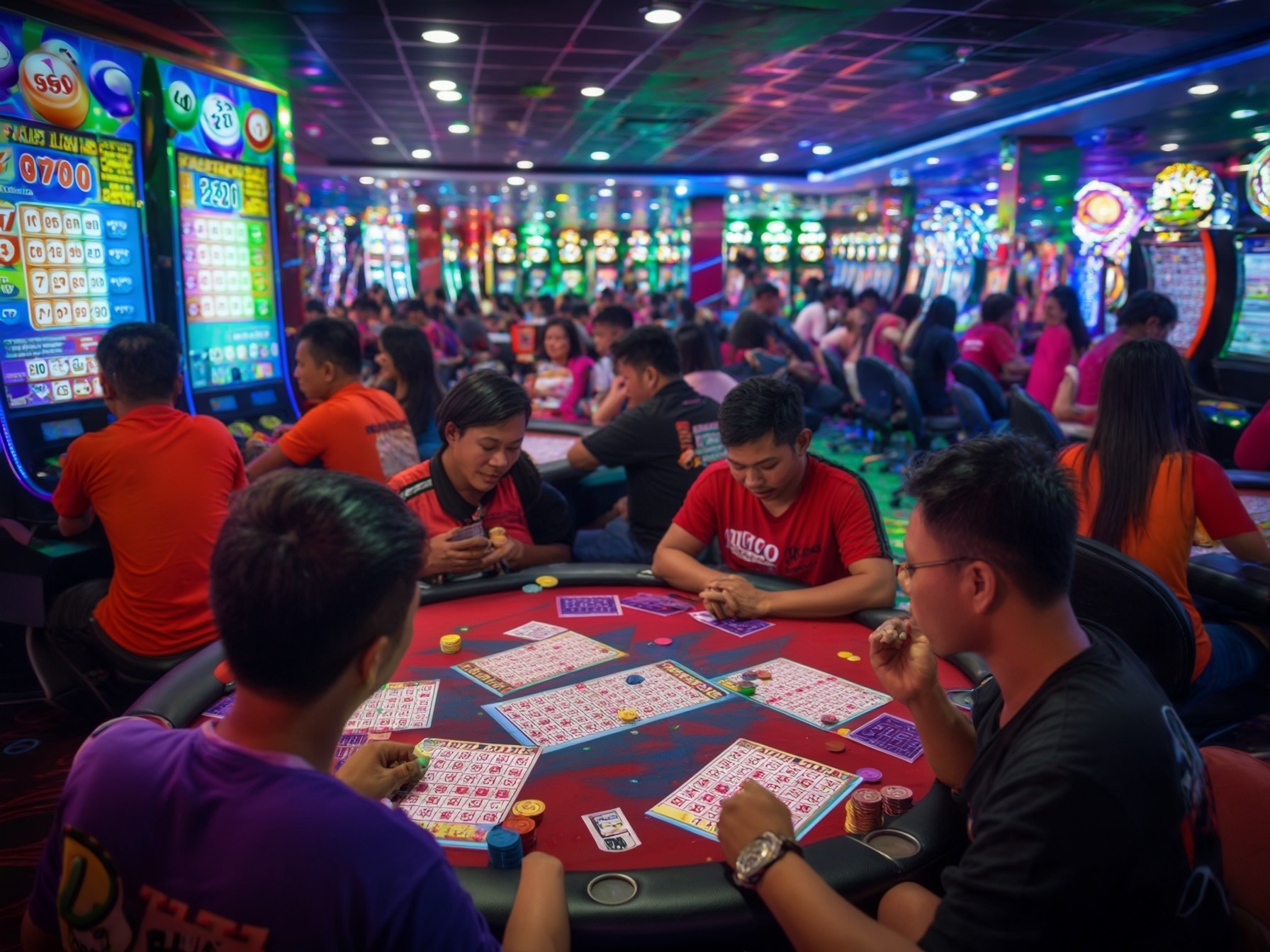People playing bingo at a lively casino setting with colorful gaming machines and vibrant lights in the background.