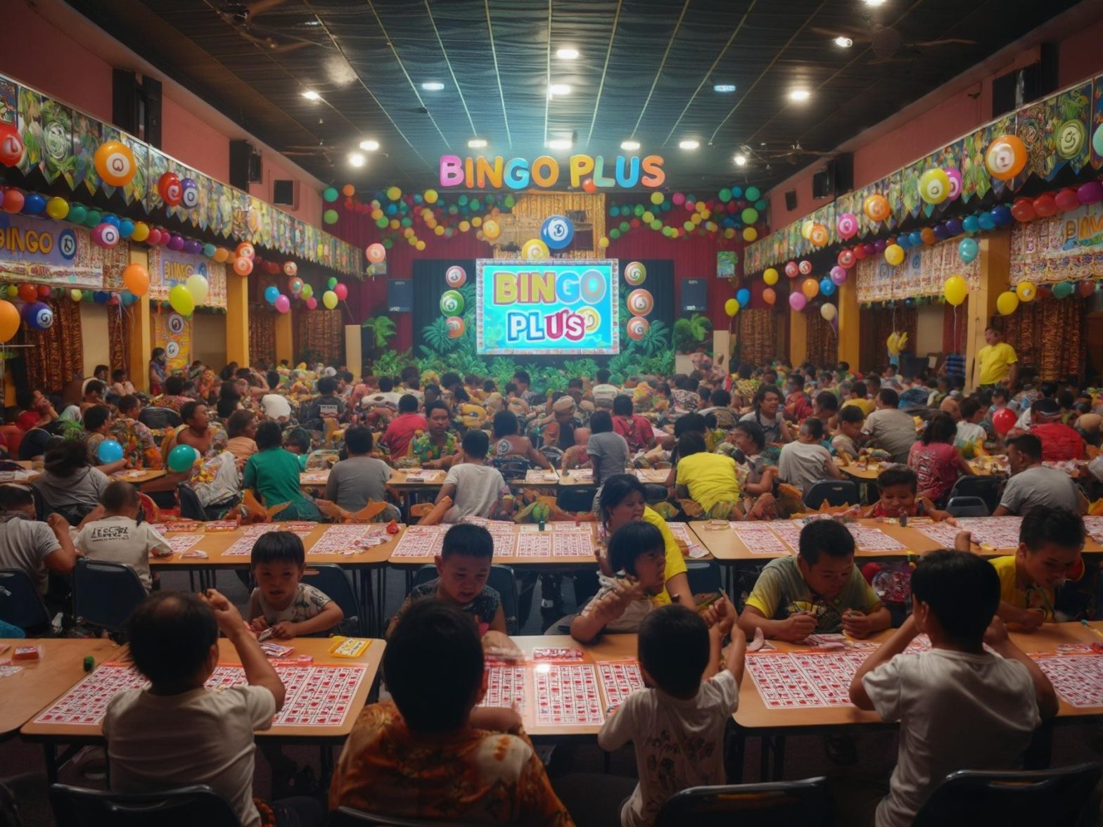 A lively bingo event with colorful decorations, packed with enthusiastic participants, and a prominent "Bingo Plus" sign on stage.