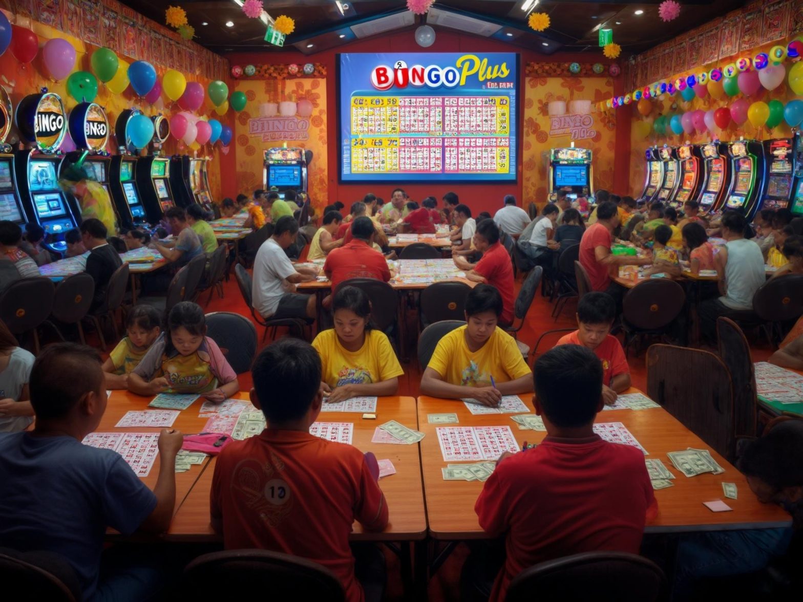 People playing bingo in a vibrant gaming hall filled with colorful balloons and slot machines, focusing on Bingo Plus.
