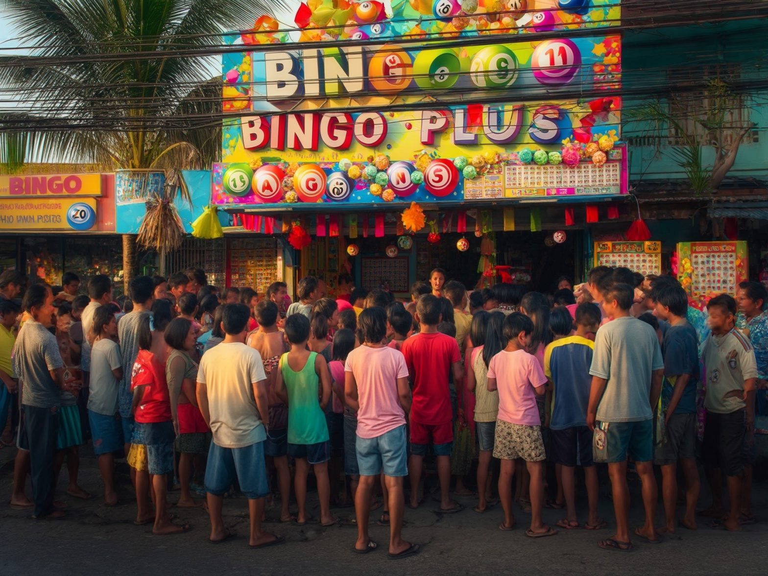 A large crowd gathers at an outdoor bingo event in a vibrant setting with colorful decorations and signage.