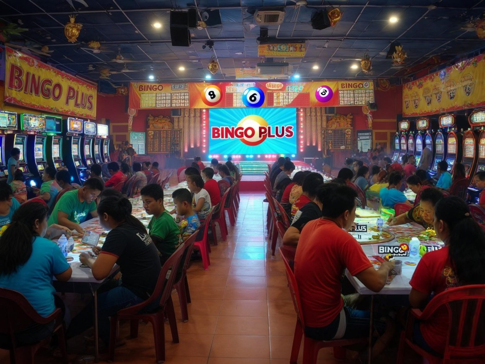 People playing bingo in a lively gaming hall with electronic machines and large Bingo Plus signs.