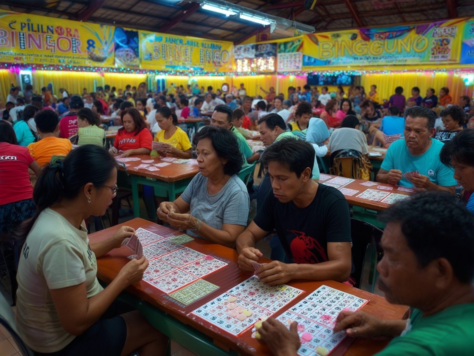 People playing bingo in a crowded hall with colorful decorations and numerous bingo cards on the tables.