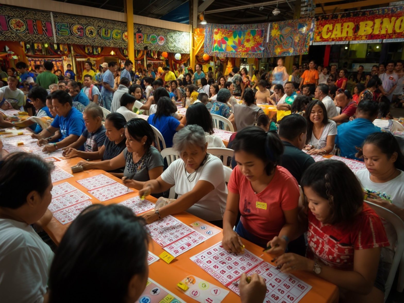 Crowded local event night with people playing bingo at colorful tables under decorated banners.