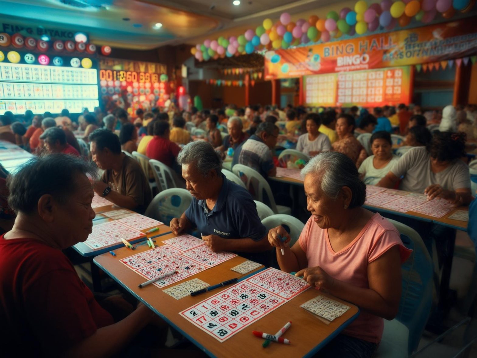 People playing bingo in a crowded hall decorated with colorful balloons and banners, focusing on their game cards.
