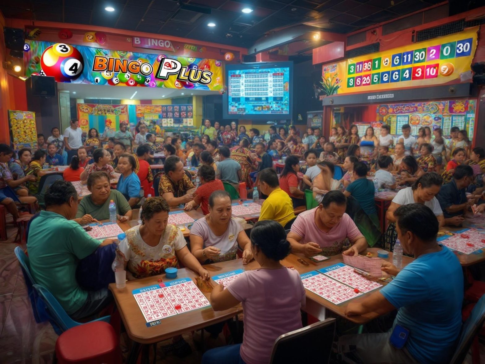 Large group of people playing bingo at Bingo Plus venue, colorful bingo cards and game screens visible in the background.