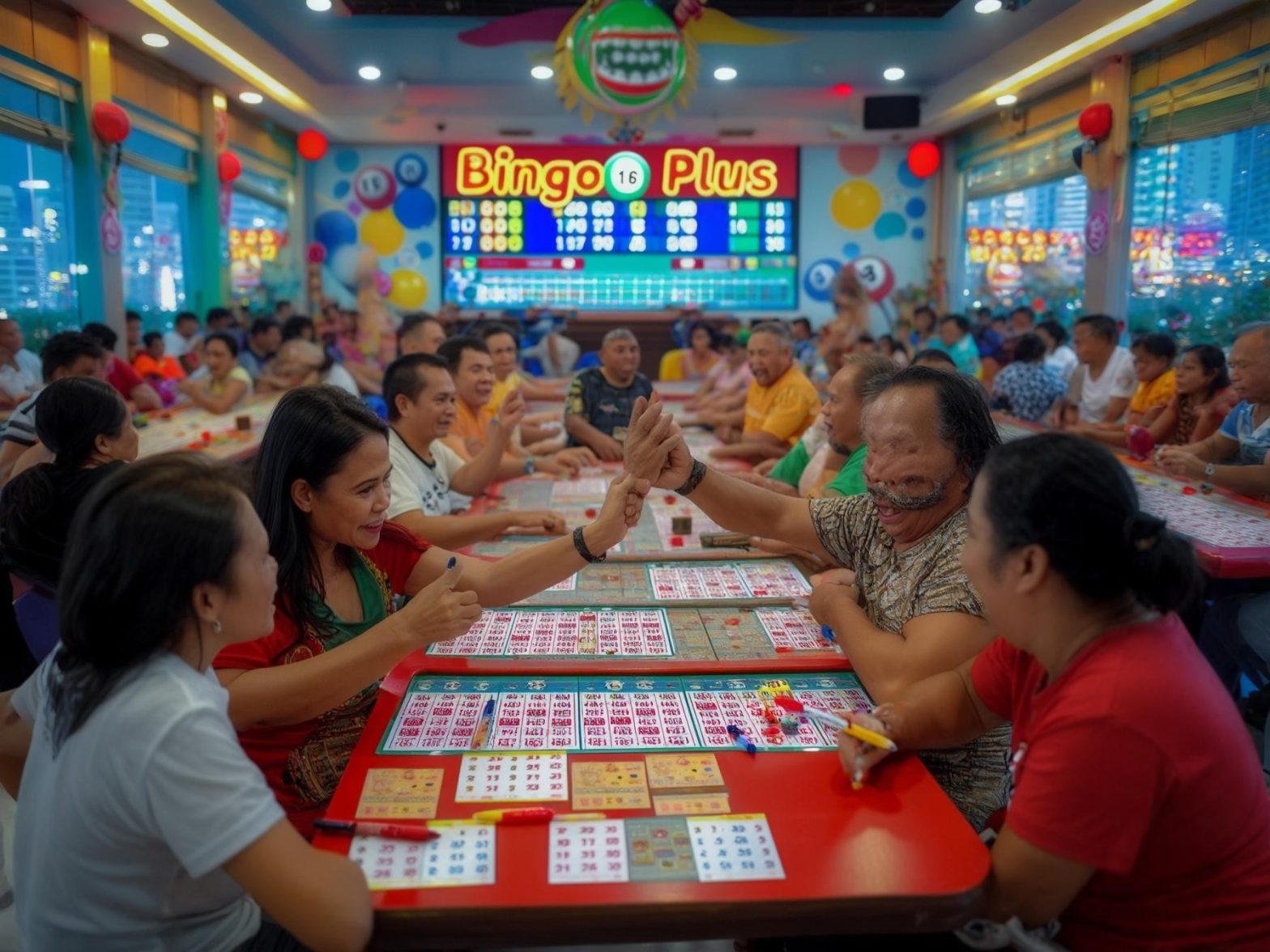 Crowded bingo hall with people playing bingo and colorful game cards displayed on tables.