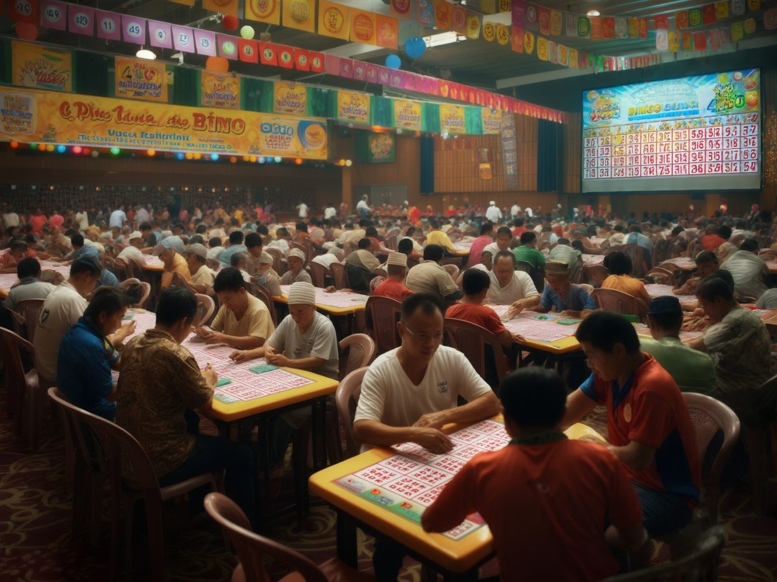Crowded bingo hall with colorful banners and large screen displaying bingo numbers, people intensely focused on their cards.